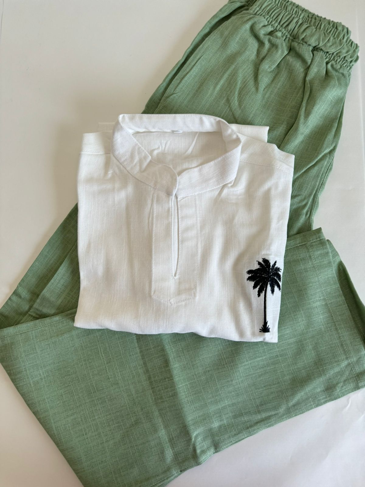 Linen white tshirt long sleeve & light green pants