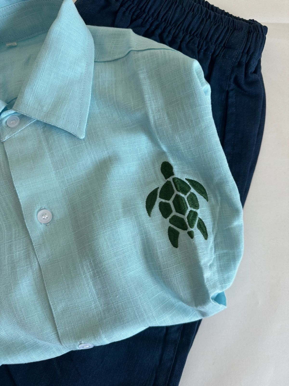 Linen Aqua blue tshirt short sleeve & neve blue short