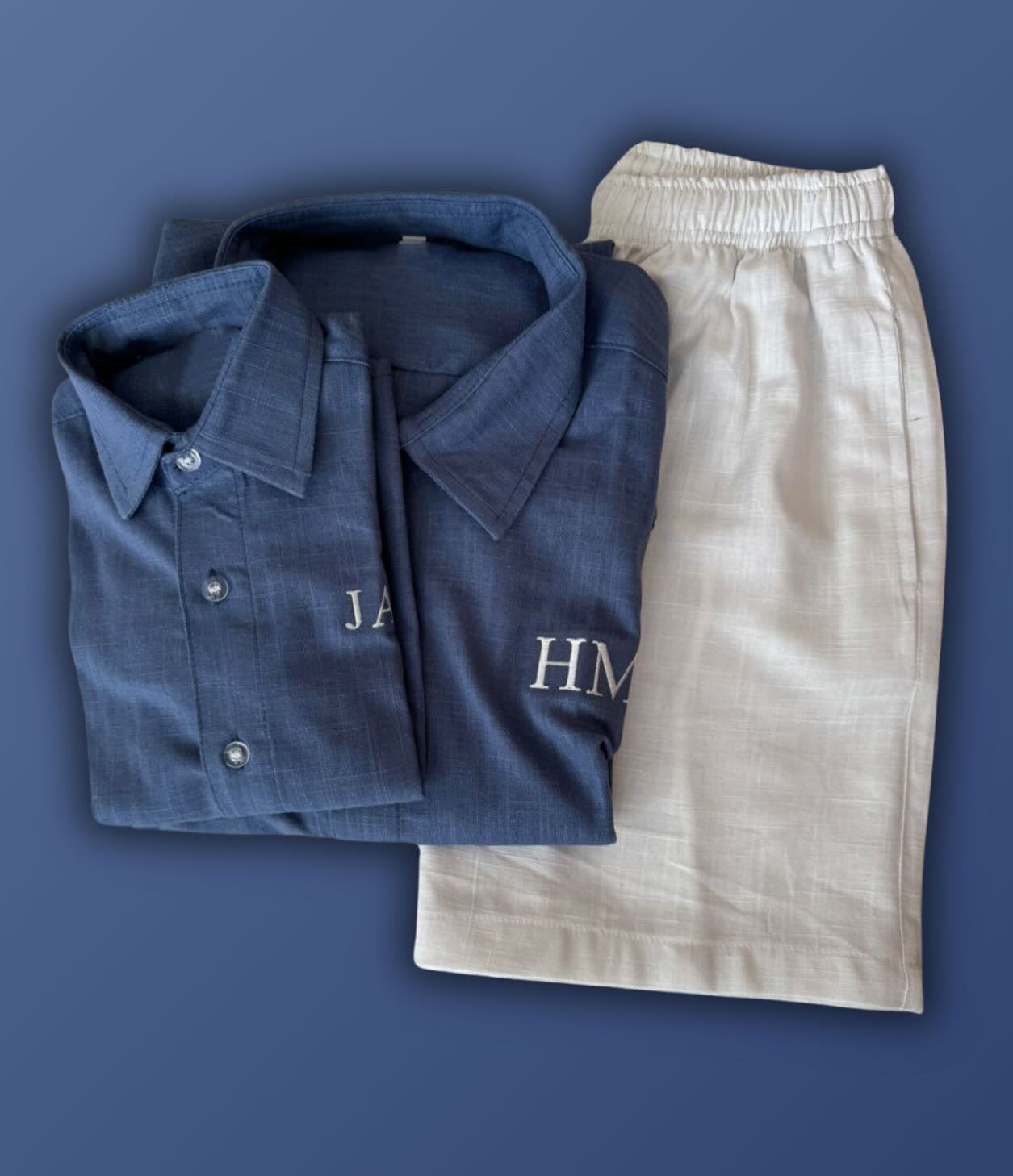 ( Linen ) Royal blue tshirt short sleeve & white short