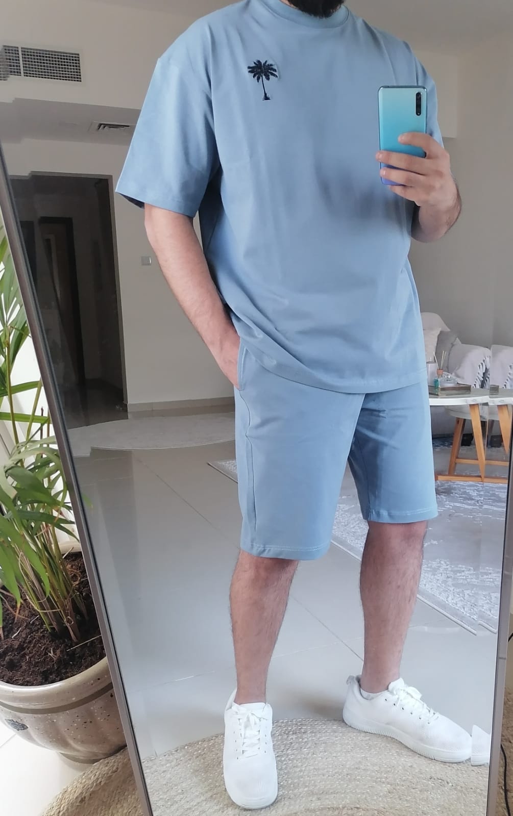 light blue t-shirt with short